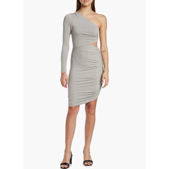 Susana Monaco One Shoulder Cutout Ruched Body-Con Dress, Light Gray, XL - Picture 1 of 7